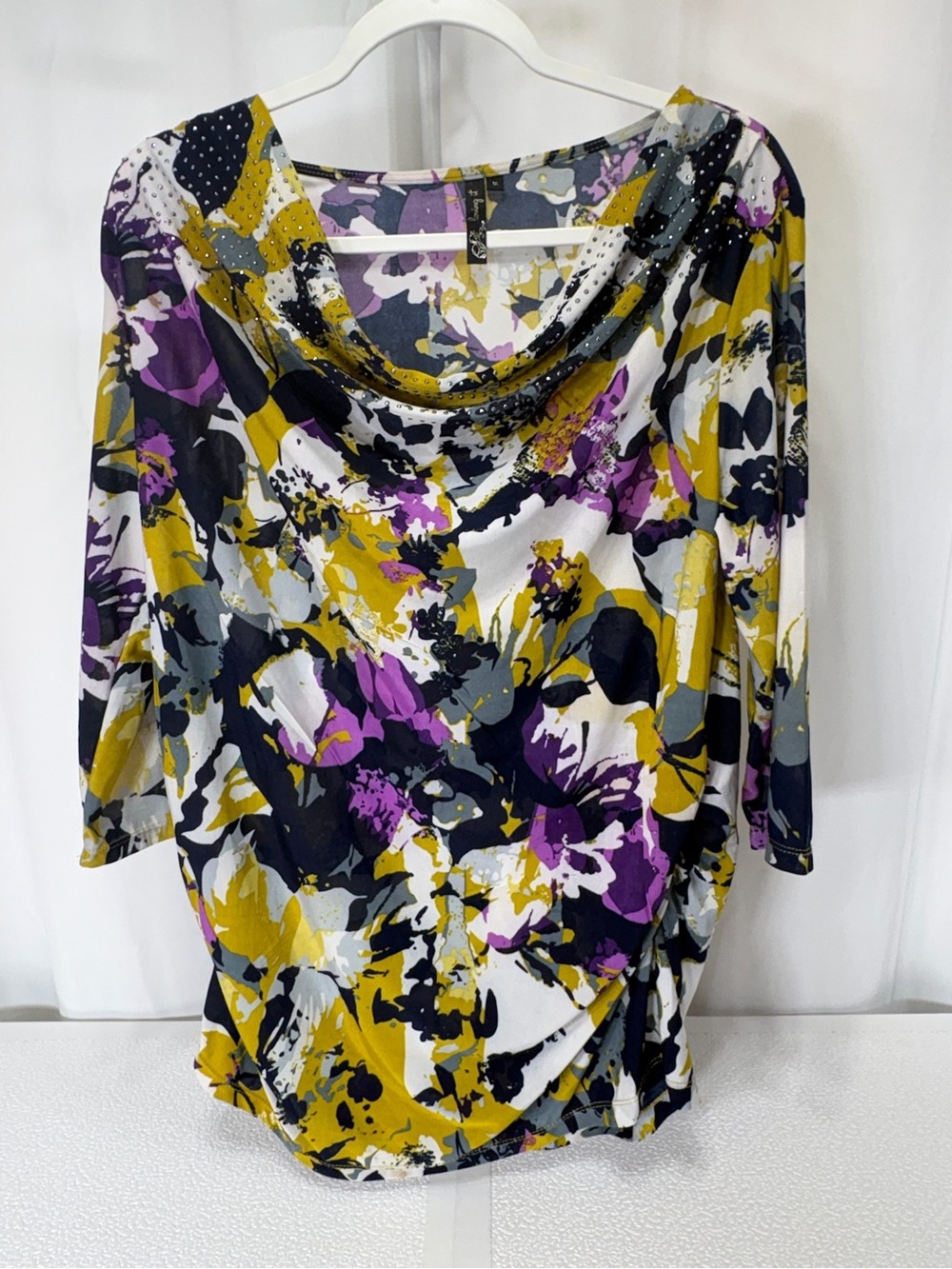 Cowl Neck Long-Sleeve Floral Top in Yellow, Purple & Gray 4199